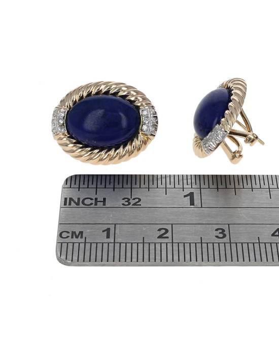Lapis and Diamond Fluted Halo Earrings in White and Yellow Gold